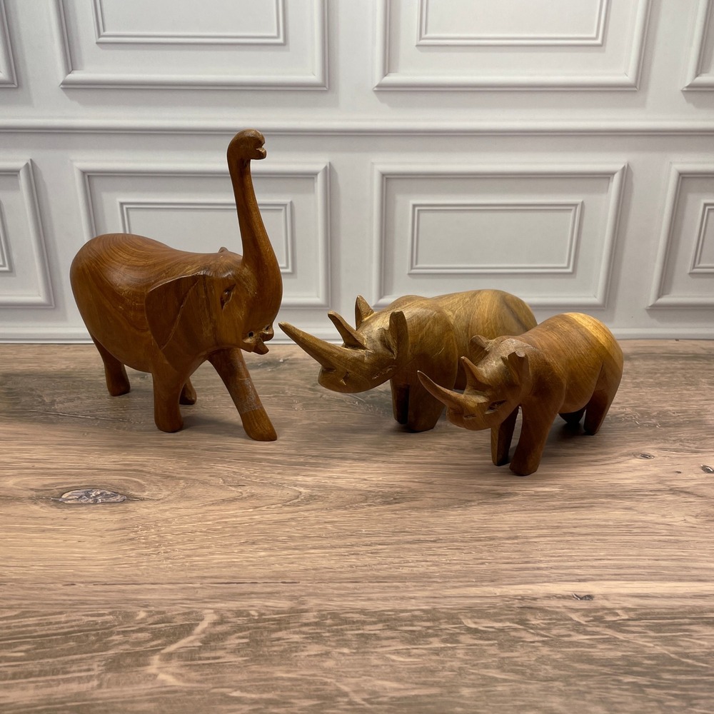 Hand Carved Solid Wood Elephant and‎ Rhinos Figurines Statue Kenya African Decor